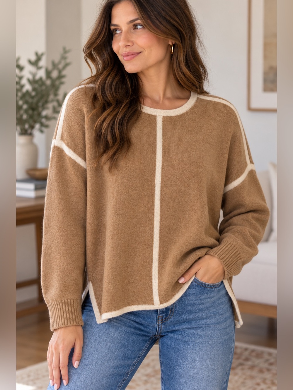 J.Crew 100% Wool Oversized Contrast Seam Sweater Camel M